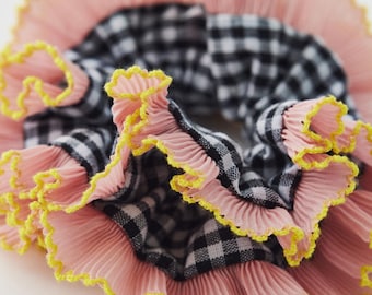 Oversized Gingham Scrunchie – Pink & Yellow | Embroidered Lace Frilly Hair Tie | Handmade Statement Hair Accessory