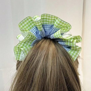 Large Embroidered Oversized colourful checked Scrunchie, Cut out Detailed Lace Frilly Hair Tie image 10