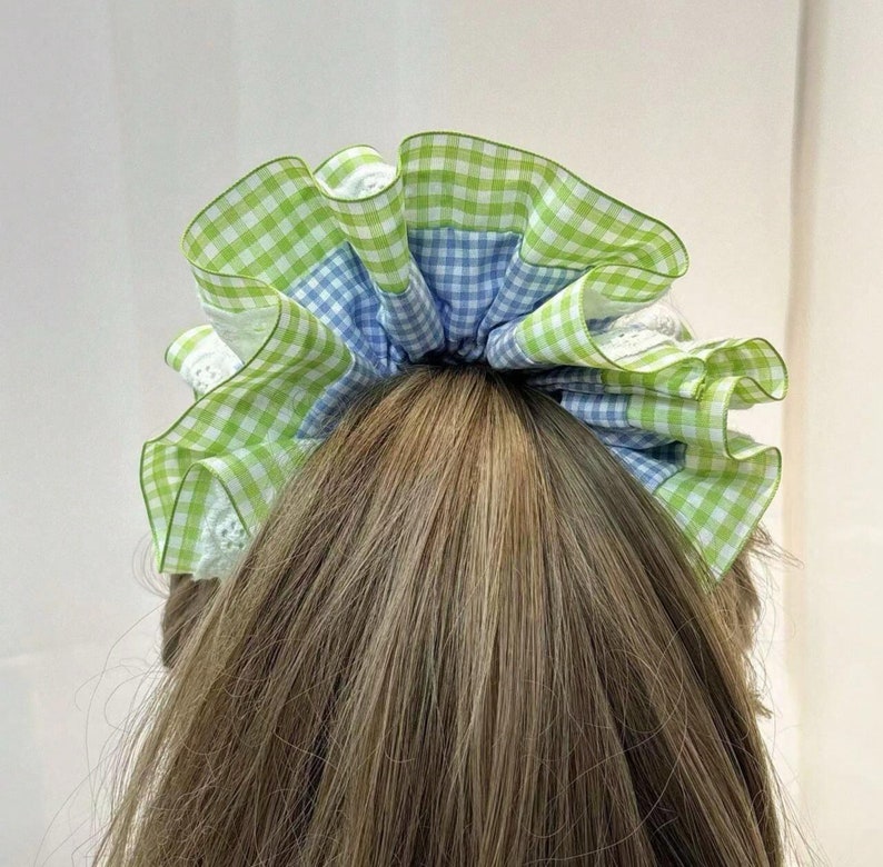 Large Embroidered Oversized colourful checked Scrunchie, Cut out Detailed Lace Frilly Hair Tie image 10