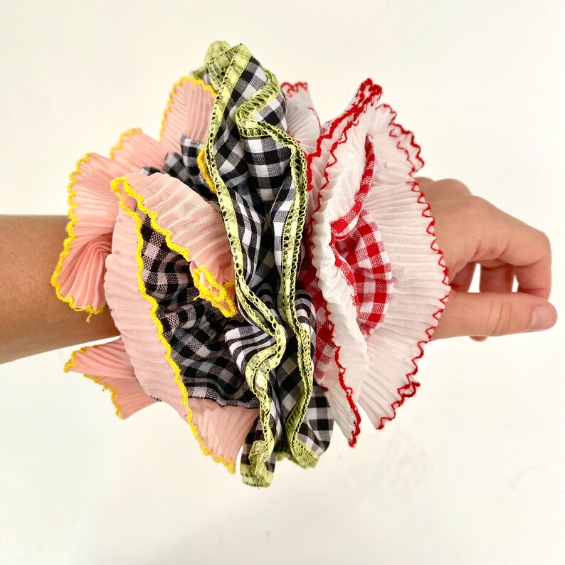 Large Embroidered Oversized colourful checked Scrunchie, Cut out Detailed Lace Frilly Hair Tie image 4