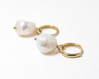 Natural Baroque Pearl Drop gold hoop Earrings | Minimal pearl earrings and gold hoops