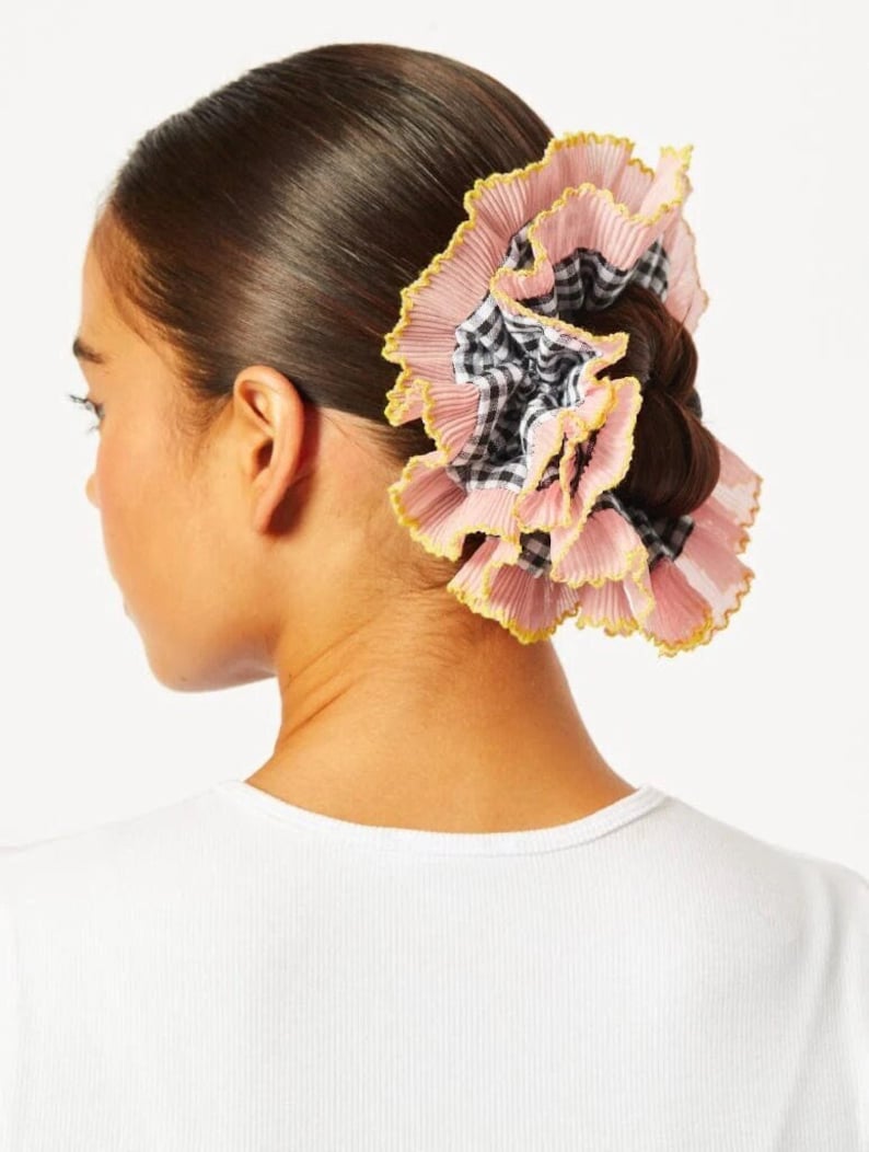 Large Embroidered Oversized colourful checked Scrunchie, Cut out Detailed Lace Frilly Hair Tie image 3