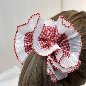 Large Embroidered Oversized colourful checked Scrunchie, Cut out Detailed Lace Frilly Hair Tie image 1