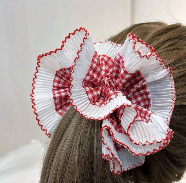 Large Embroidered Oversized colourful checked Scrunchie, Cut out Detailed Lace Frilly Hair Tie image 1