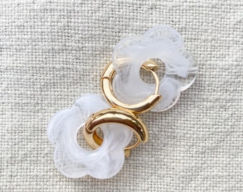 White cherry blossom Flower Shaped Bead Charm Statement Chunky Gold or silver hoop earrings