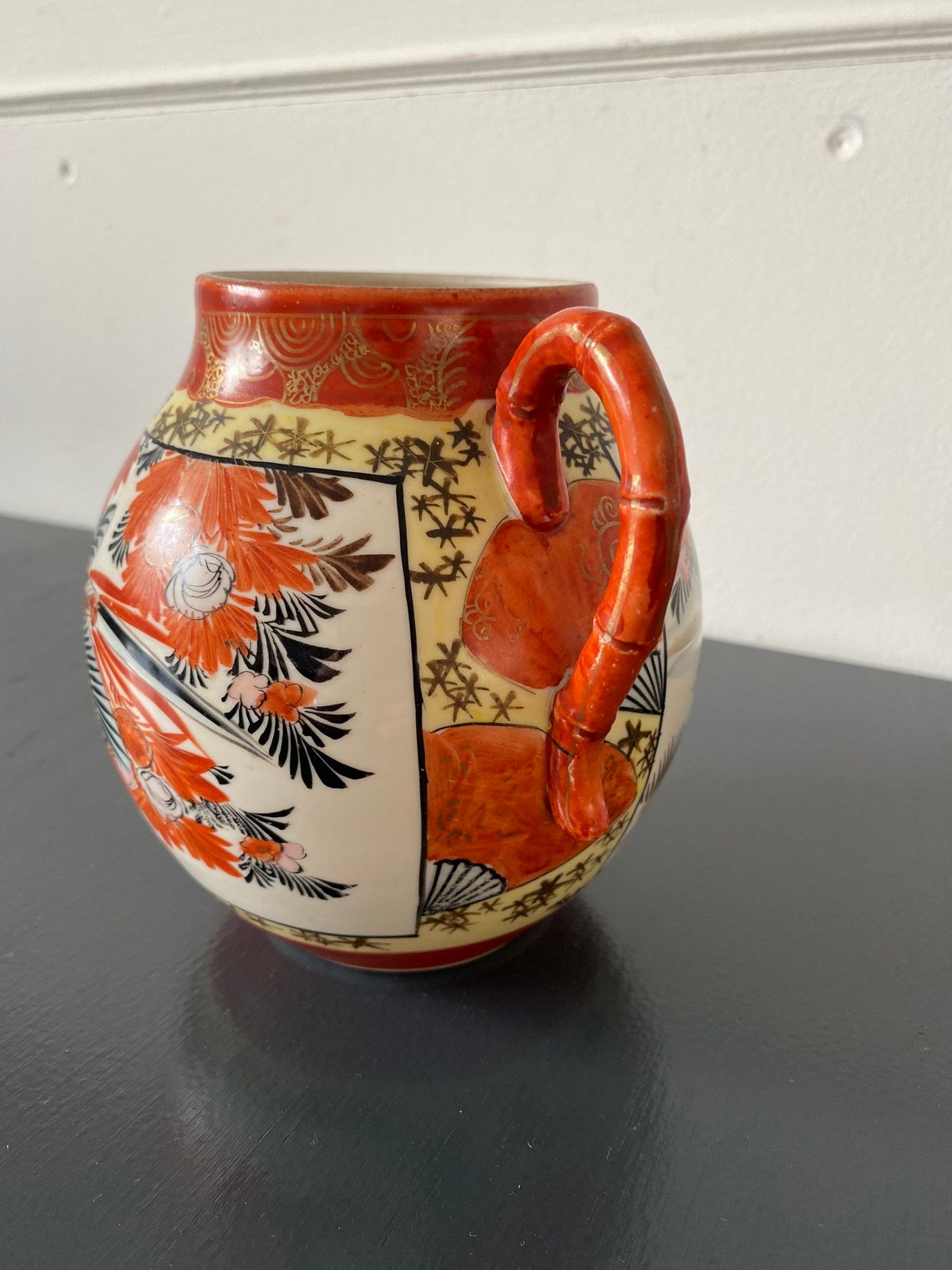 Rare Vintage Chinese Tall Orange Vase Hand Painted Ewer With Handle Etsy