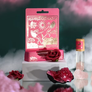 Mystieke Roll On-Etherische olie met Rozenkwarts Edelstenen Geïnspireerd door de Tarotkaart "The Lovers".