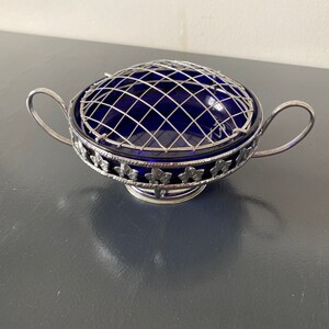 Vintage Chrome Silver Tone Metal Case & Cobalt Blue Glass Footed Bonbon Dish Bowl