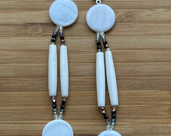 Handmade Native American long beaded hairpipe earrings large mother of pearl discs with Czech facet beads copper tone