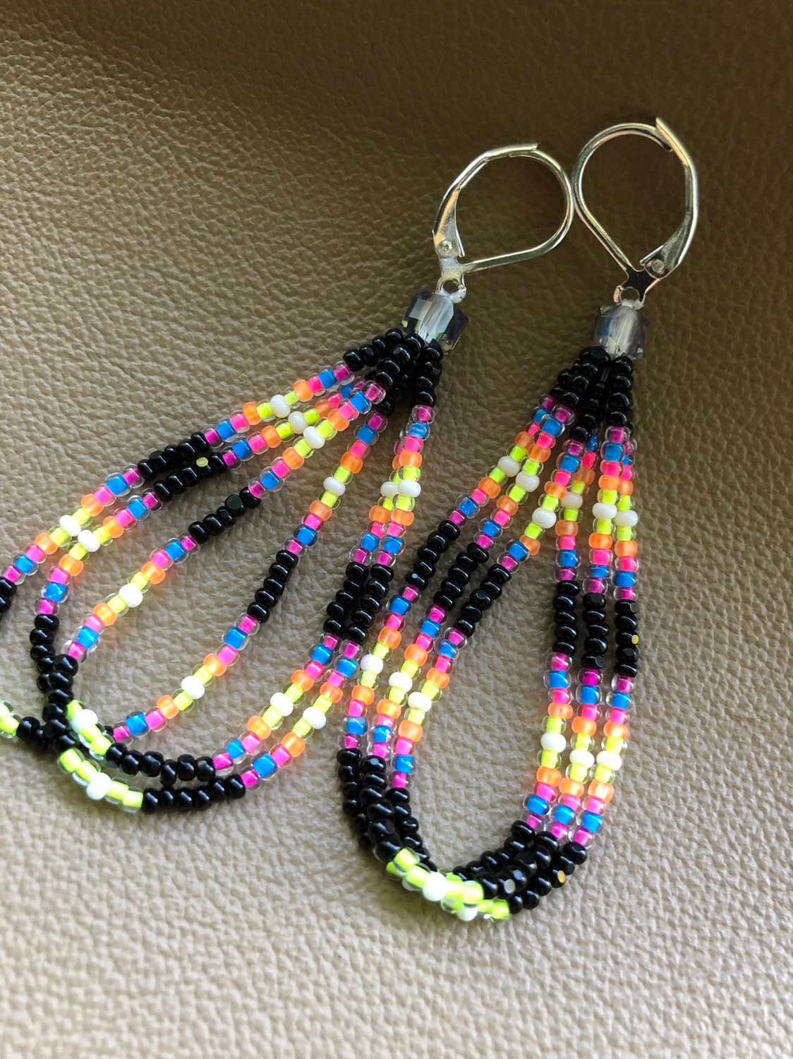 Handmade Native American NEON lined long beaded earrings Etsy