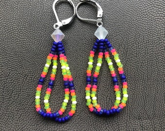 Native American handmade long beaded neon earrings Aurora Borealis bicone