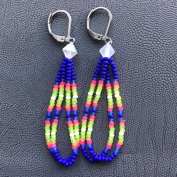 Native American handmade long beaded neon earrings Aurora Borealis bicone