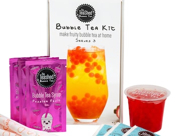 Fruity Bubble Tea Kit Gift Box | 3 Servings | Passion Fruit Syrup, Strawberry Popping Boba, Tea Bags and Paper Straws | Bubble Tea at Home