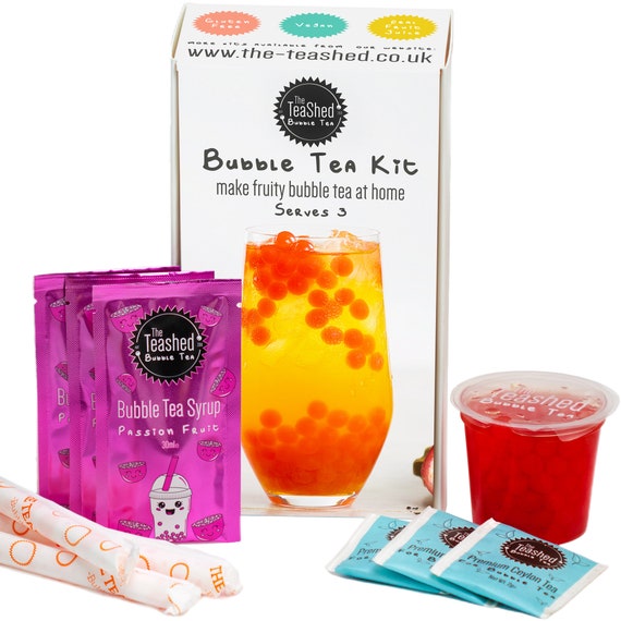 Fruity Bubble Tea Kit Gift Box 3 Servings Passion Fruit Syrup, Strawberry  Popping Boba, Tea Bags and Paper Straws Bubble Tea at Home 