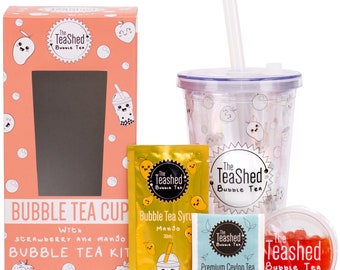 Fruit Bubble Tea Kit + Reusable 16oz Bubble Tea Cup & Straw | 1 Serving | Mango Syrup, Strawberry Popping Boba and Tea Bag | by The TeaShed