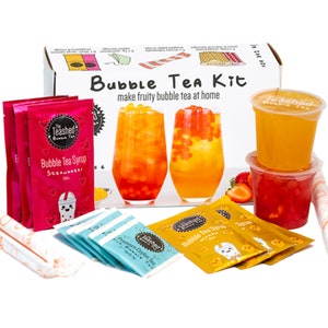 Fruit Bubble Tea Kit Gift Box | 6 Serving Mango + Strawberry Syrup, Cherry & Peach Popping Boba, Tea Bags, Paper Straws | Bubble Tea at Home