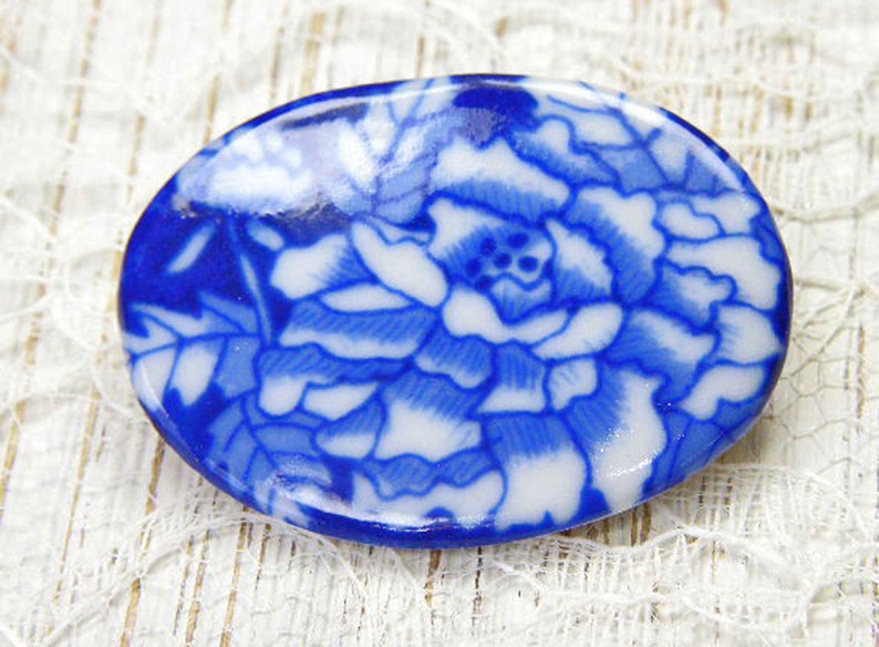 Japanese Jewelry Unique Handmade Gifts Vintage Japanese Handmade Blue and White Floral Ceramic Brooch Pin