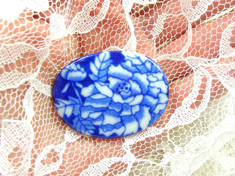 Japanese Jewelry Unique Handmade Gifts Vintage Japanese Handmade Blue and White Floral Ceramic Brooch Pin