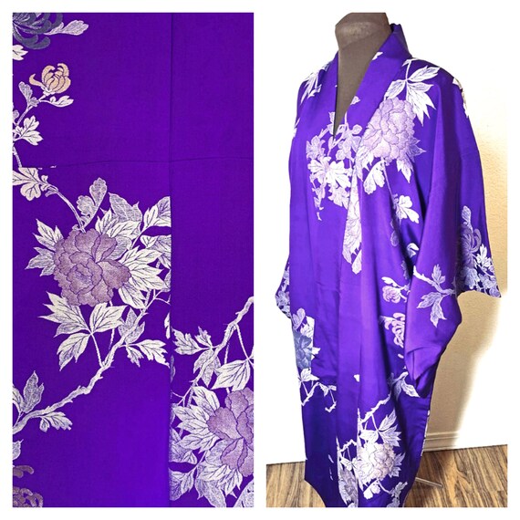 Vintage Short Kimono Japanese Haori Jacket 50s Silk Kimono Kimono Wall Hanging, 1950s Japanese Robe Floral Kimono Purple Kimono