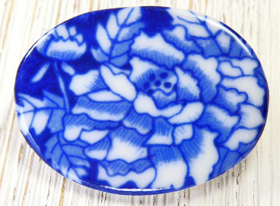 Japanese Jewelry Unique Handmade Gifts Vintage Japanese Handmade Blue and White Floral Ceramic Brooch Pin
