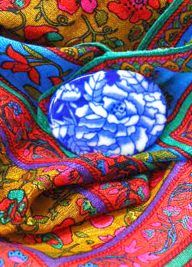 Japanese Jewelry Unique Handmade Gifts Vintage Japanese Handmade Blue and White Floral Ceramic Brooch Pin