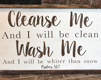 Farmhouse Cleanse Me Bible Verse Sign // Psalms 51:7 // bathroom decor // laundry room decor //