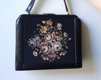 1950er Jahre Nadelspitze Wandteppich Kreuz Stich Stickerei Handtasche schwarz