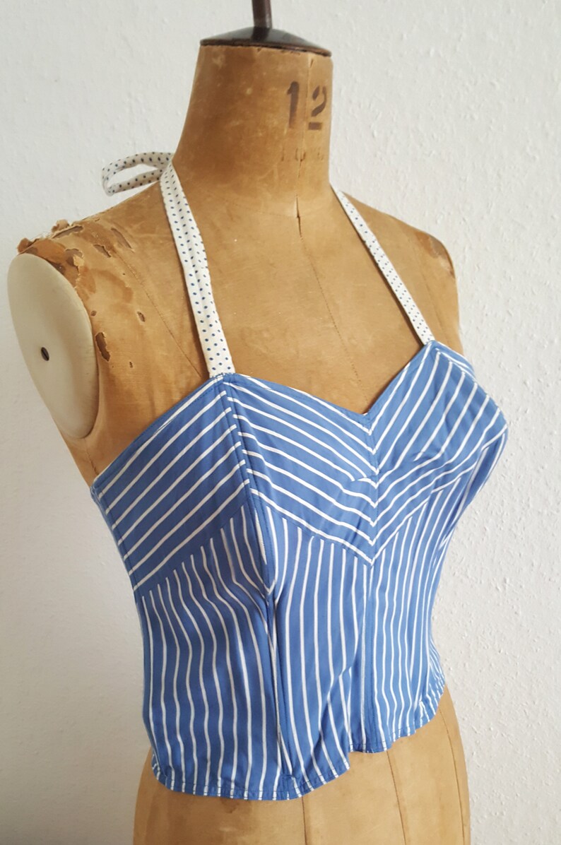 1950s vintage sun top halter neck top 50s striped top bustier top vintage bullet bra corset boned top