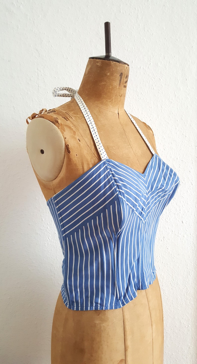 1950s vintage sun top halter neck top 50s striped top bustier top vintage bullet bra corset boned top