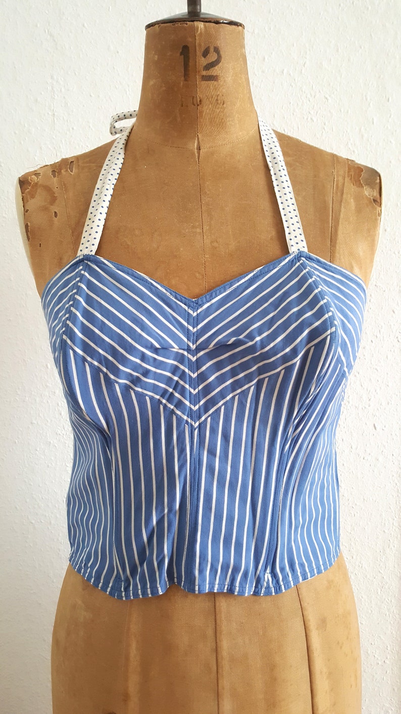 1950s vintage sun top halter neck top 50s striped top bustier top vintage bullet bra corset boned top