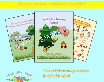 May include: A digital product bundle for outdoor camping, featuring a planner, recipes, and checklists. The image shows a colorful illustration of a camping scene with a tent, a campfire, and a guitar. The text "My Outdoor Camping Planner" is visible on the cover of the planner.