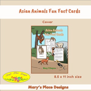 May include: Cover of a printable set of Asian animal fun fact cards. The cover features illustrations of an orangutan, a dhole, a golden jackal, a gibbon, and a hornbill. The title of the cards is "Asian Animals Fun Fact Cards". The cards are 8.5 x 11 inches.