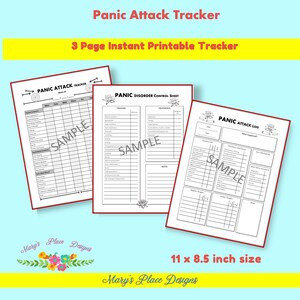 May include: Three printable pages for tracking panic attacks. The first page is a calendar-style tracker, the second page is a panic disorder control sheet, and the third page is a panic attack log. Each page has a black and white design with a floral motif.