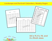 Undated calendar, Three sizes, Landscape calendar,  calendar Printables, Weekly Planner, Calendar Bundle, Digital calendar, Small calendar