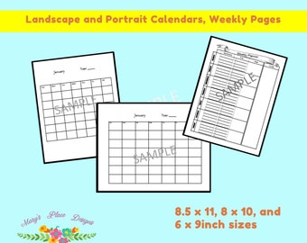 Undated calendar, Three sizes, Landscape calendar,  calendar Printables, Weekly Planner, Calendar Bundle, Digital calendar, Small calendar