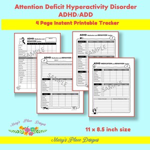 May include: Four printable pages of a black and white ADHD medication and behavior tracker. The tracker includes sections for medication, behavior, triggers, and notes. The pages are designed for an 11 x 8.5 inch size.