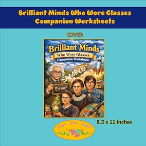 Puede incluir: Portada del libro "Brilliant Minds Who Wore Glasses Companion Worksheets". La ilustración muestra cuatro personas con gafas, un cohete y un edificio. El libro mide 21,6 x 27,9 cm.