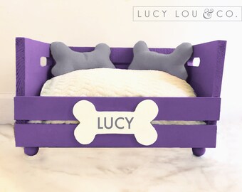 Custom Personalized Dog Bed Purple And White And Gray With Hand Made Pillows And Fluffy Pet Cushion Cute Dog Bed Wood Dog Bed Custom Personalized Dog Bed Purple And White And Gray With Hand Made Pillows And Fluffy Pet Cushion Cute Dog Bed Wood Dog Bed