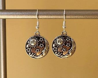Silver Sun and Moon Earrings / Star Earrings / Lunar Jewellery