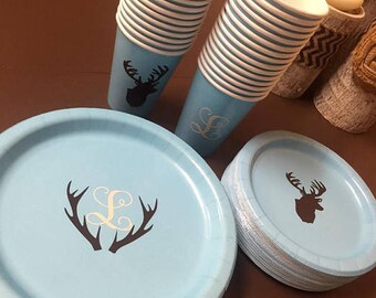 Baby Shower Deer Antler Plates, Cups, Napkins. (Custom Letters & Colors) (Boy or Girl) PLEASE READ DETAILS