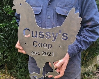 Custom Corten Steel Chicken Coop Sign 40x48cm – Personalised Chicken Shape Décor – Rustic Weathered Metal for Home or Business – Gift Idea