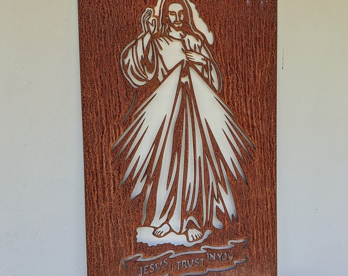 Corten Steel Jesus Christ Garden Art – 78x118cm, Rays of Light & "Jesus I Trust in You" – Religious Garden Screen, Rustic property Decor