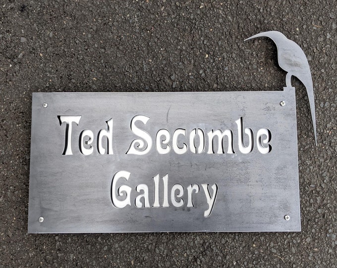 Custom Corten Steel Sign 64x45cm – Art Gallery Theme with Bird Cut-Out – Personalised Rustic Weathered Metal Décor for Home or Business
