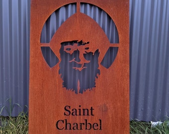 Saint Charbel Makhlouf Corten Steel Garden Art – 78x118cm Religious Wall Decor, Outdoor Yard Sign, Lebanese Maronite Saint, Rustic Metal Art