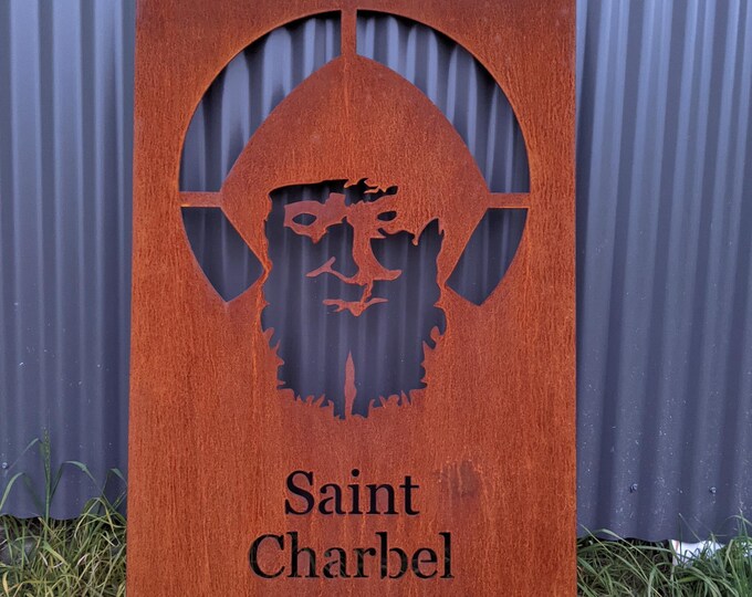 Saint Charbel Makhlouf Corten Steel Garden Art – 78x118cm Religious Wall Decor, Outdoor Yard Sign, Lebanese Maronite Saint, Rustic Metal Art