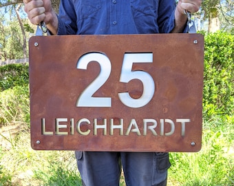 Rustic Corten Steel farm sign 40 x 60cm house number or address sign "25 Leichhardt" Rustic Unique Look, Custom Made personalised gift ideas