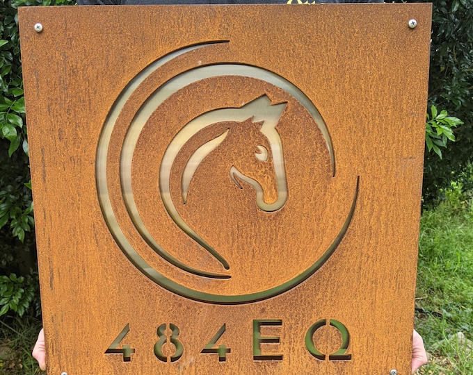 Business logo sign made form rusted Corten steel 60 x 60 cm with horse image, great custom made driveway sign or property sign