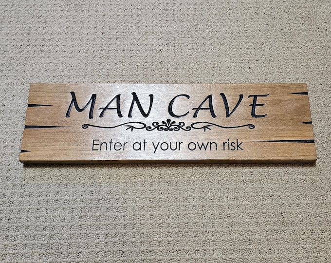 Wooden man cave sign made from hard timber with carved in letters, Clearance item made in Australia ( No. 2 )