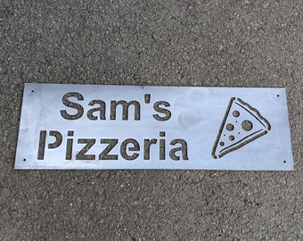 Personalised Corten Steel Sam's Pizzeria Sign - 25 x 78cm - Pizza Cafe Theme or BBQ Area Wall Decor for Home or Business - Unique Gift Idea