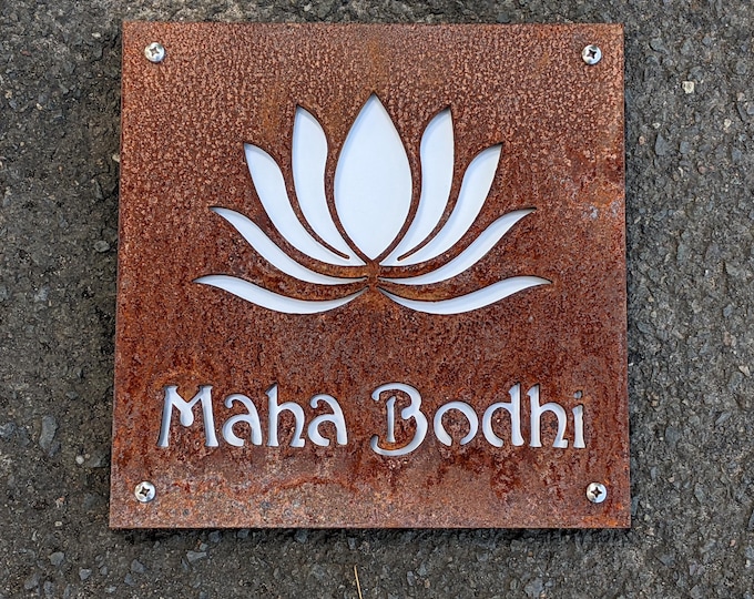 Personalised Corten Steel Lotus Flower Sign - 30 x 30cm - 'Maha Bodhi' Buddhist Decor - Rustic, Home or Business Sign - Unique Gift Idea
